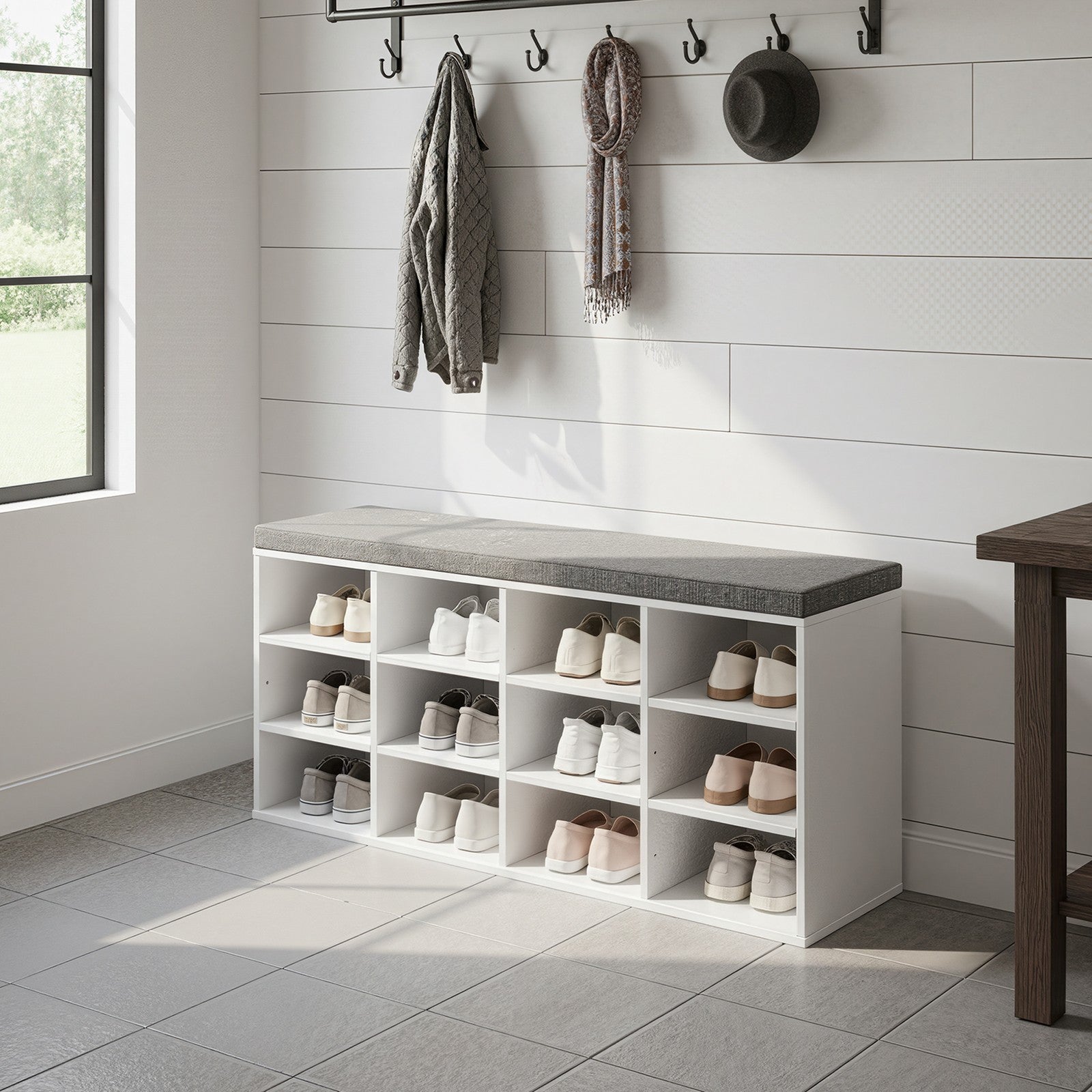 Shoe Storage Bench – Wood – Neutral Color – 12 Compartments, Adjustable Shelves, Padded Seat