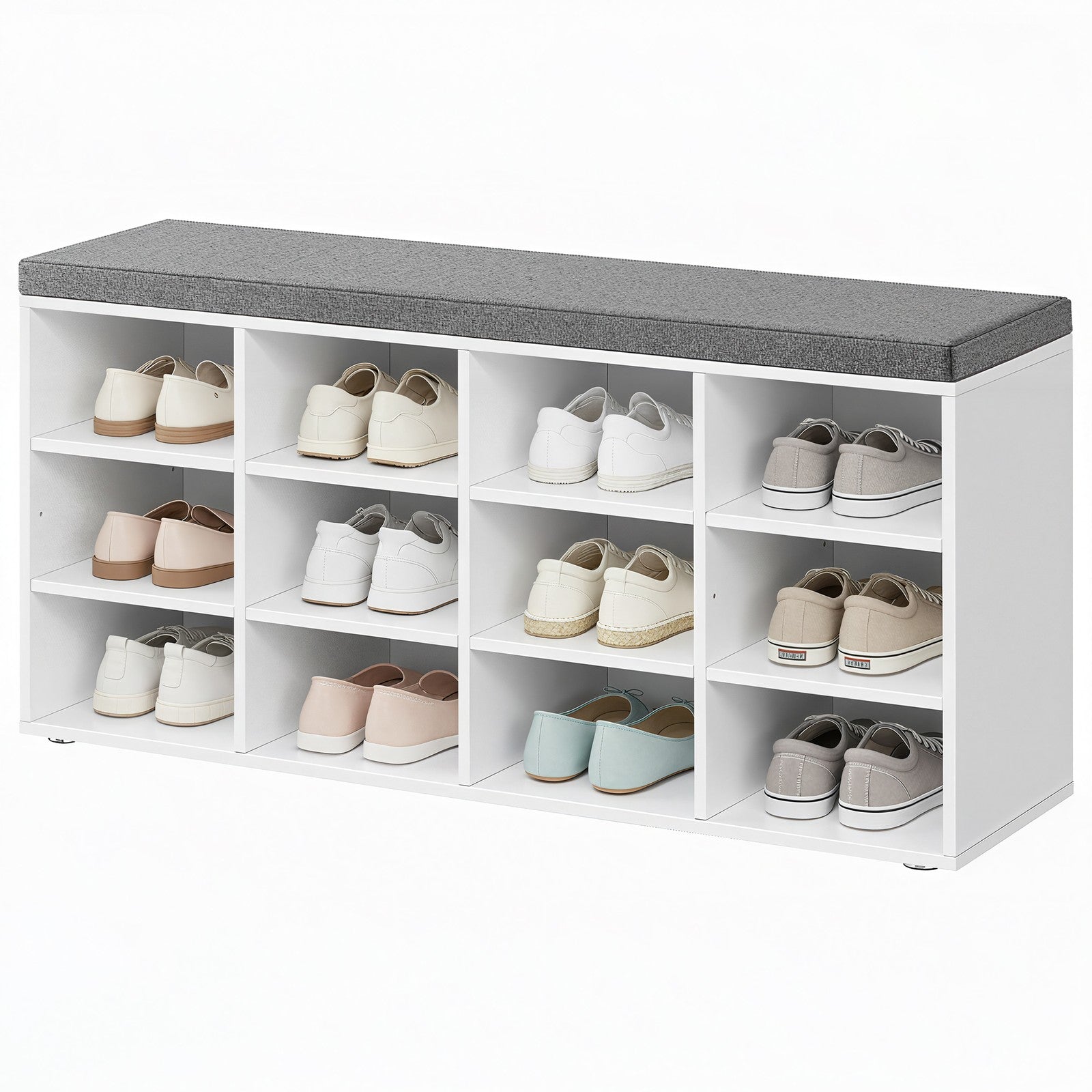 Shoe Storage Bench – Wood – Neutral Color – 12 Compartments, Adjustable Shelves, Padded Seat