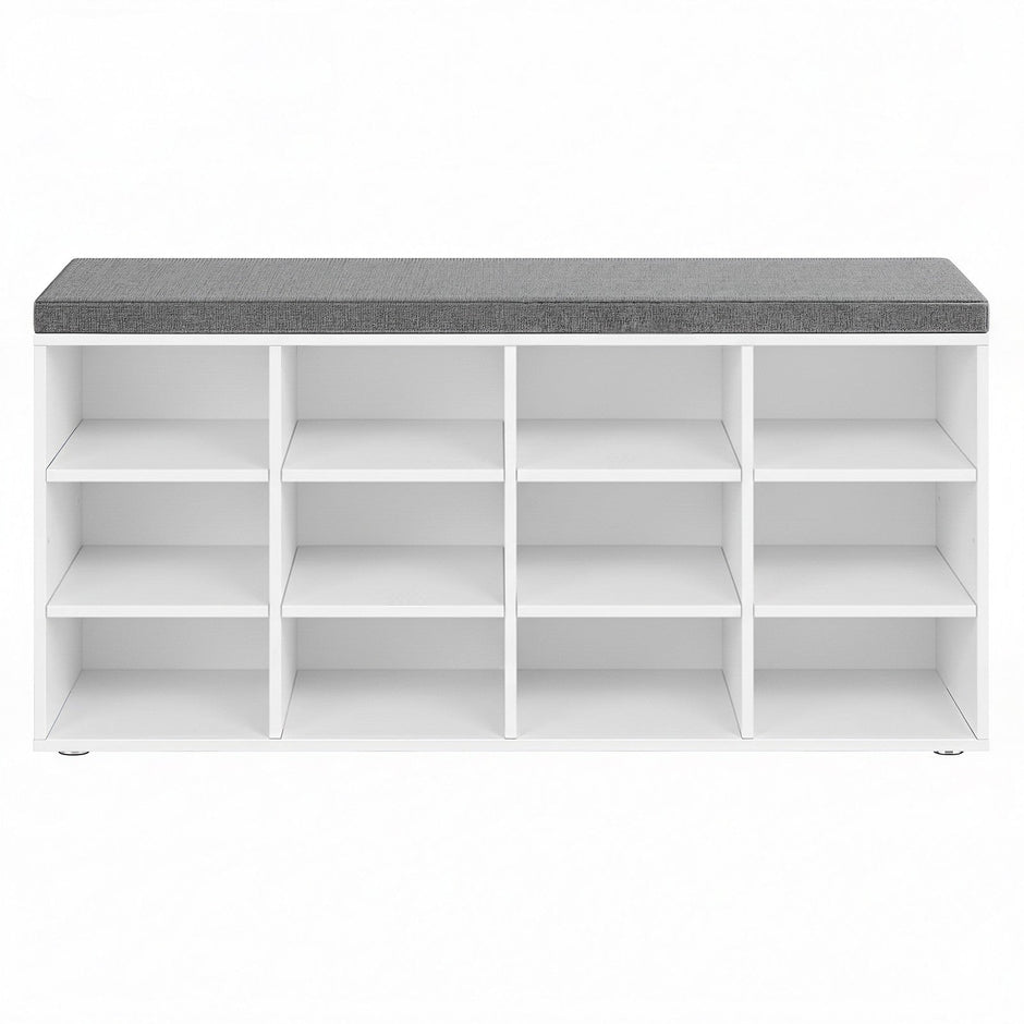 Shoe Storage Bench – Wood – Neutral Color – 12 Compartments, Adjustable Shelves, Padded Seat