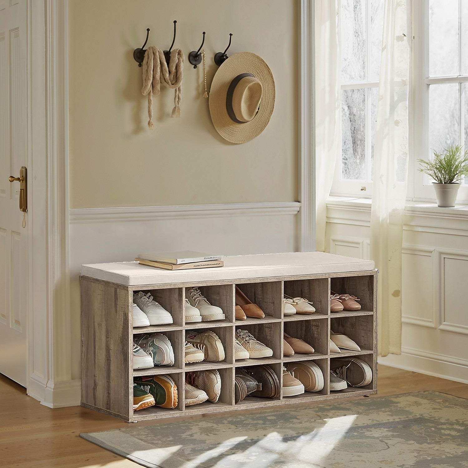 Shoe Bench – Wood – Natural Finish – Padded Seat with 15 Compartment Storage