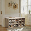 Shoe Bench – Wood – Natural Finish – Padded Seat with 15 Compartment Storage