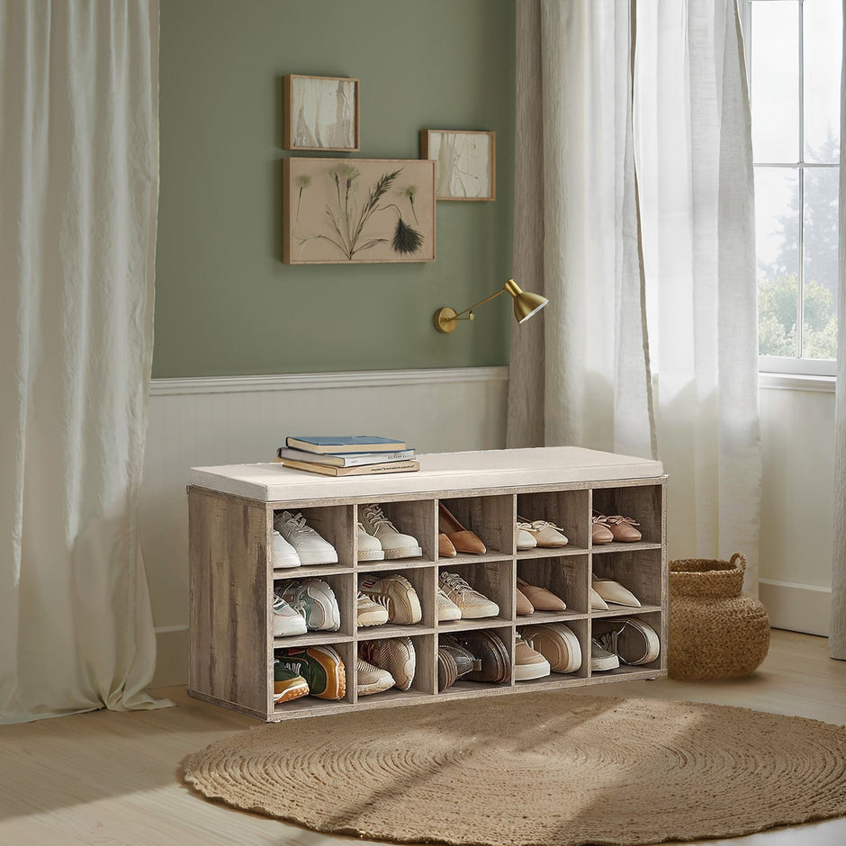 Shoe Bench – Wood – Natural Finish – Padded Seat with 15 Compartment Storage