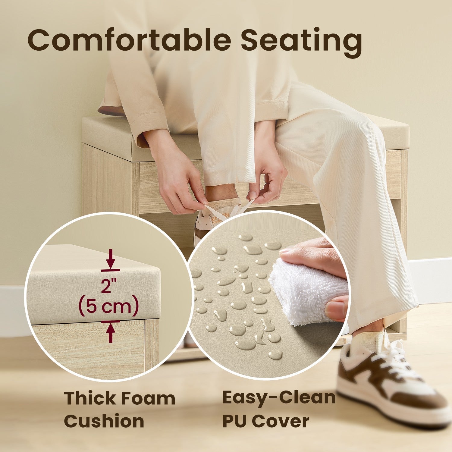 Shoe Storage Bench – Wood and Fabric – Natural Beige – Cushioned Seat with 3 Storage Compartments