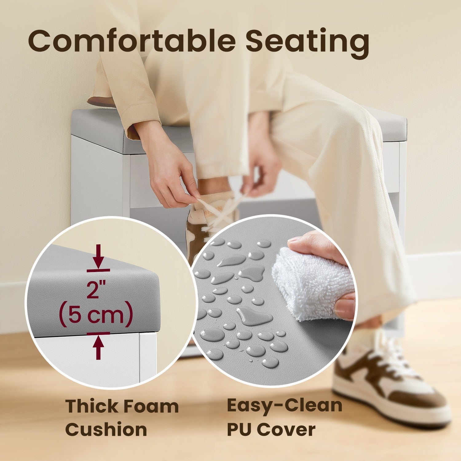 Shoe Storage Bench – Wood – Cloud White – Cushion Top and 3 Storage Compartments