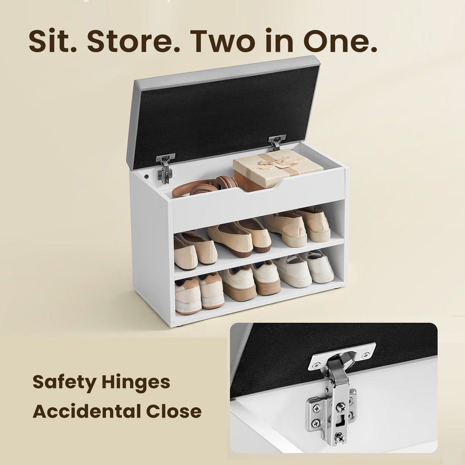 Shoe Storage Bench – Wood – Cloud White – Cushion Top and 3 Storage Compartments