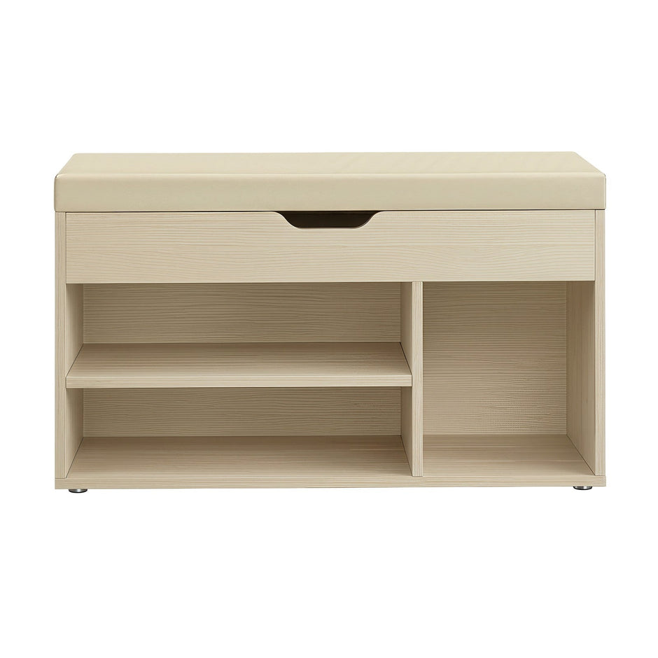 Shoe Storage Bench – Wooden – Beige – Padded Seat with 3 Compartments