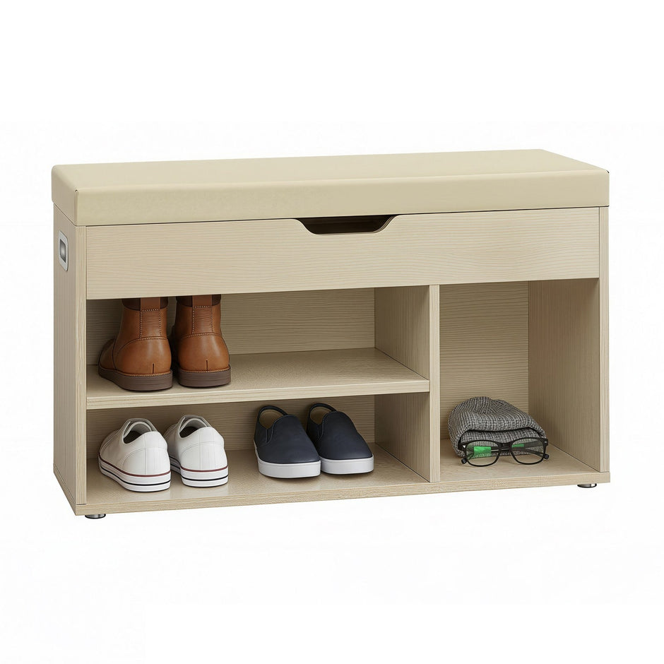 Shoe Storage Bench – Wooden – Beige – Padded Seat with 3 Compartments