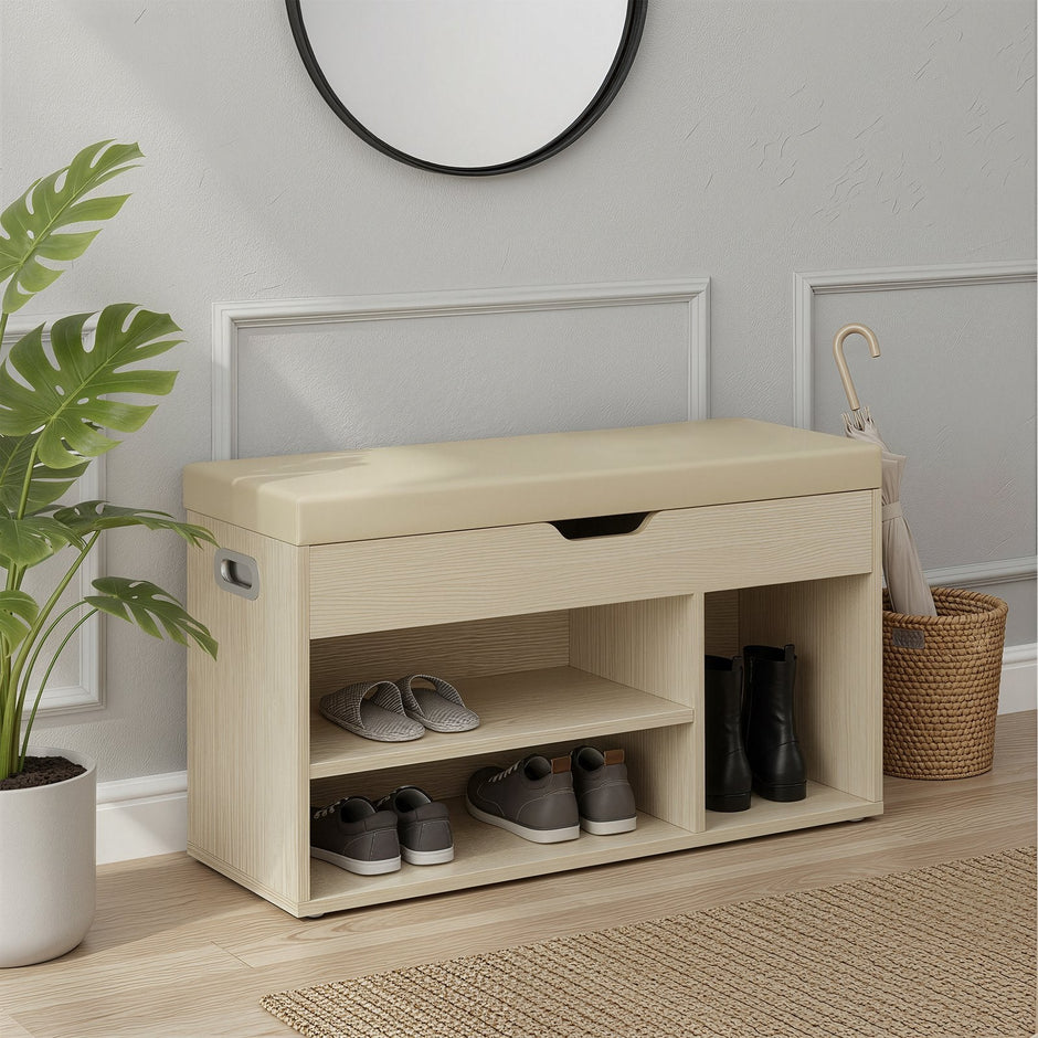 Shoe Storage Bench – Wooden – Beige – Padded Seat with 3 Compartments