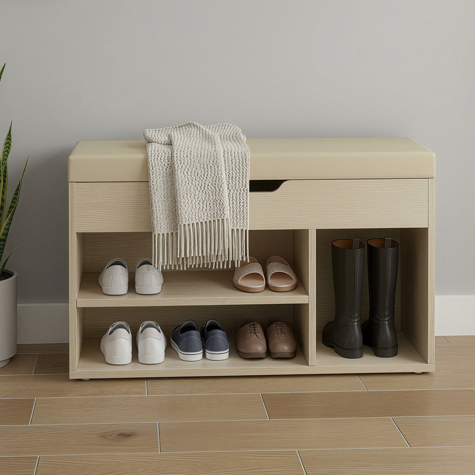 Shoe Storage Bench – Wooden – Beige – Padded Seat with 3 Compartments