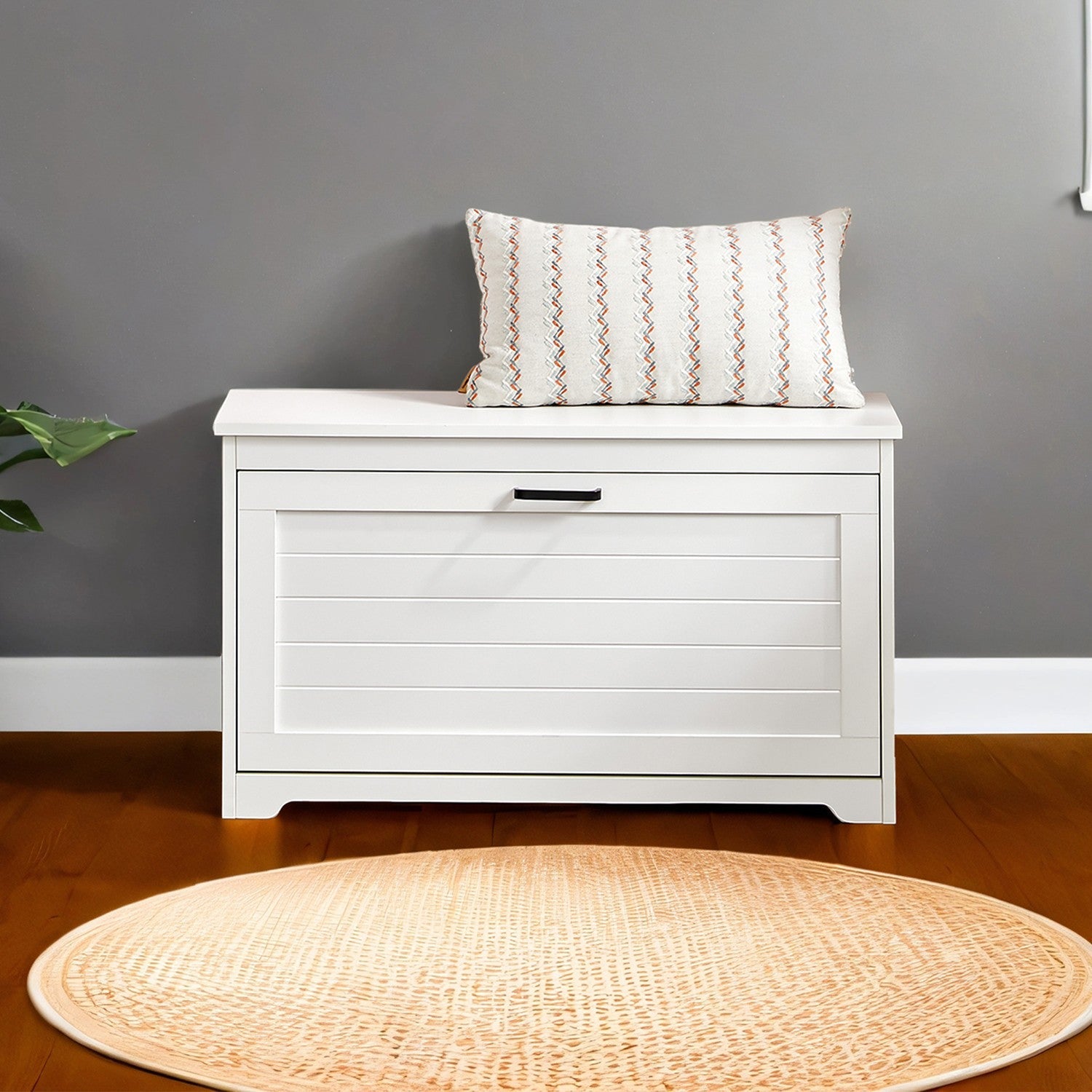 Shoe Bench – Wood – White – Flip-Up Door with Adjustable Interior Shelf and Side Handles