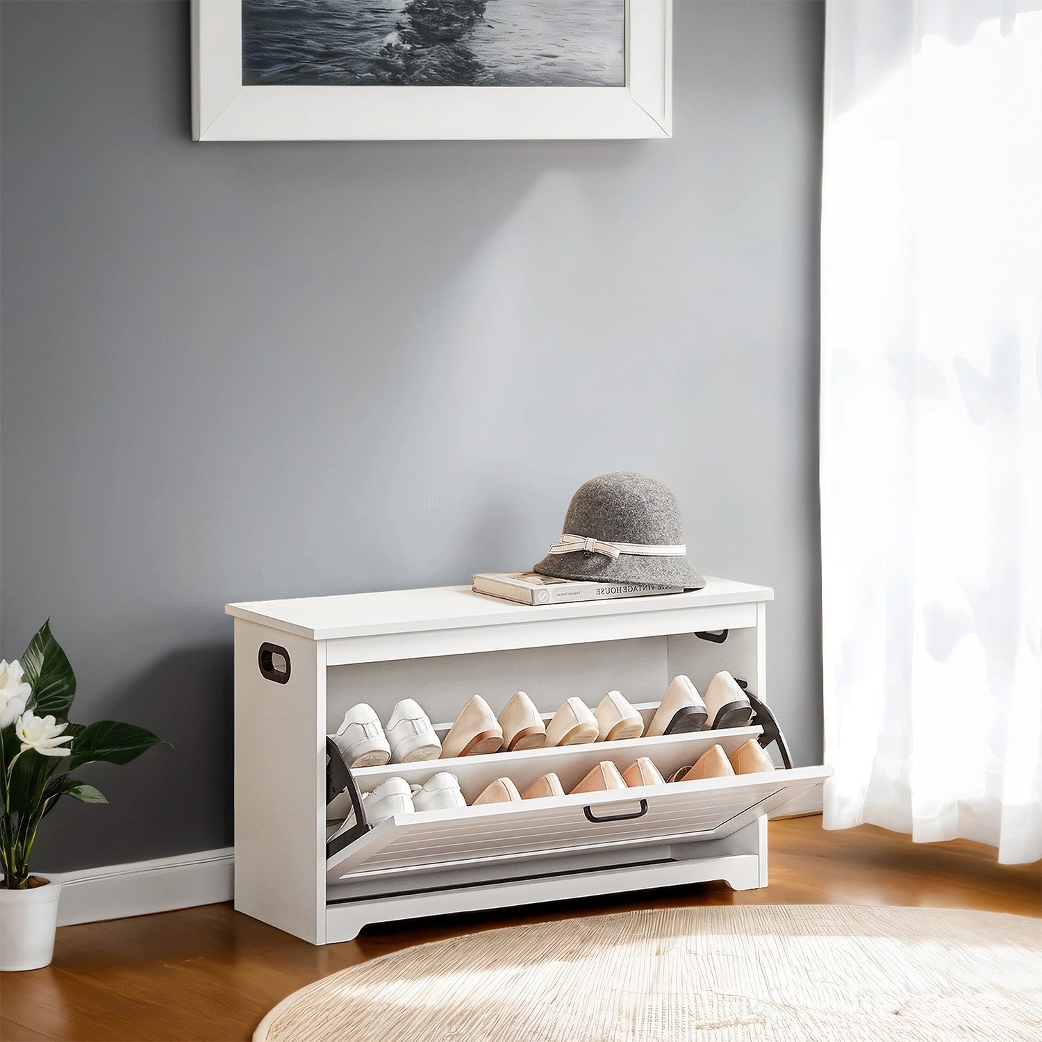 Shoe Bench – Wood – White – Flip-Up Door with Adjustable Interior Shelf and Side Handles