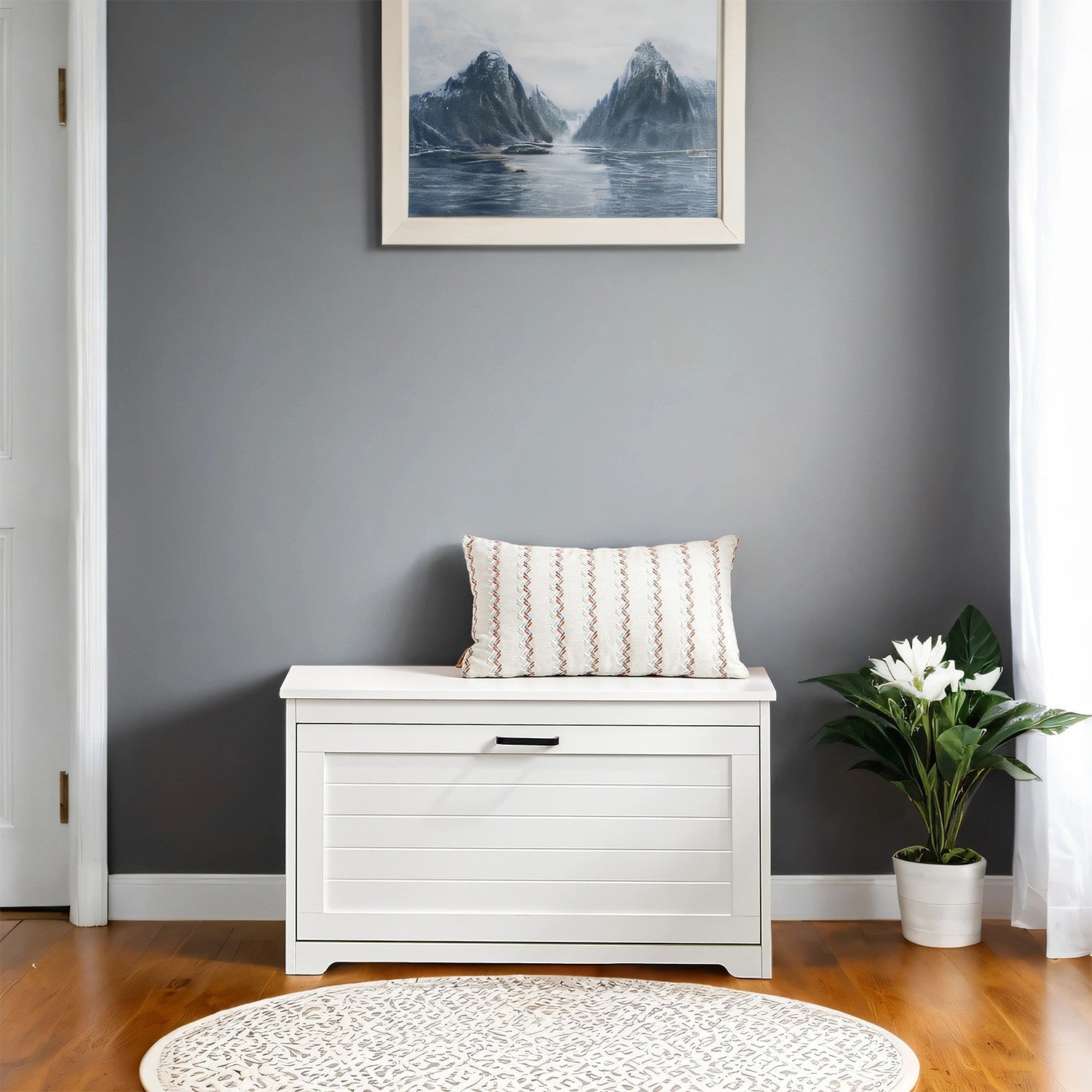 Shoe Bench – Wood – White – Flip-Up Door with Adjustable Interior Shelf and Side Handles