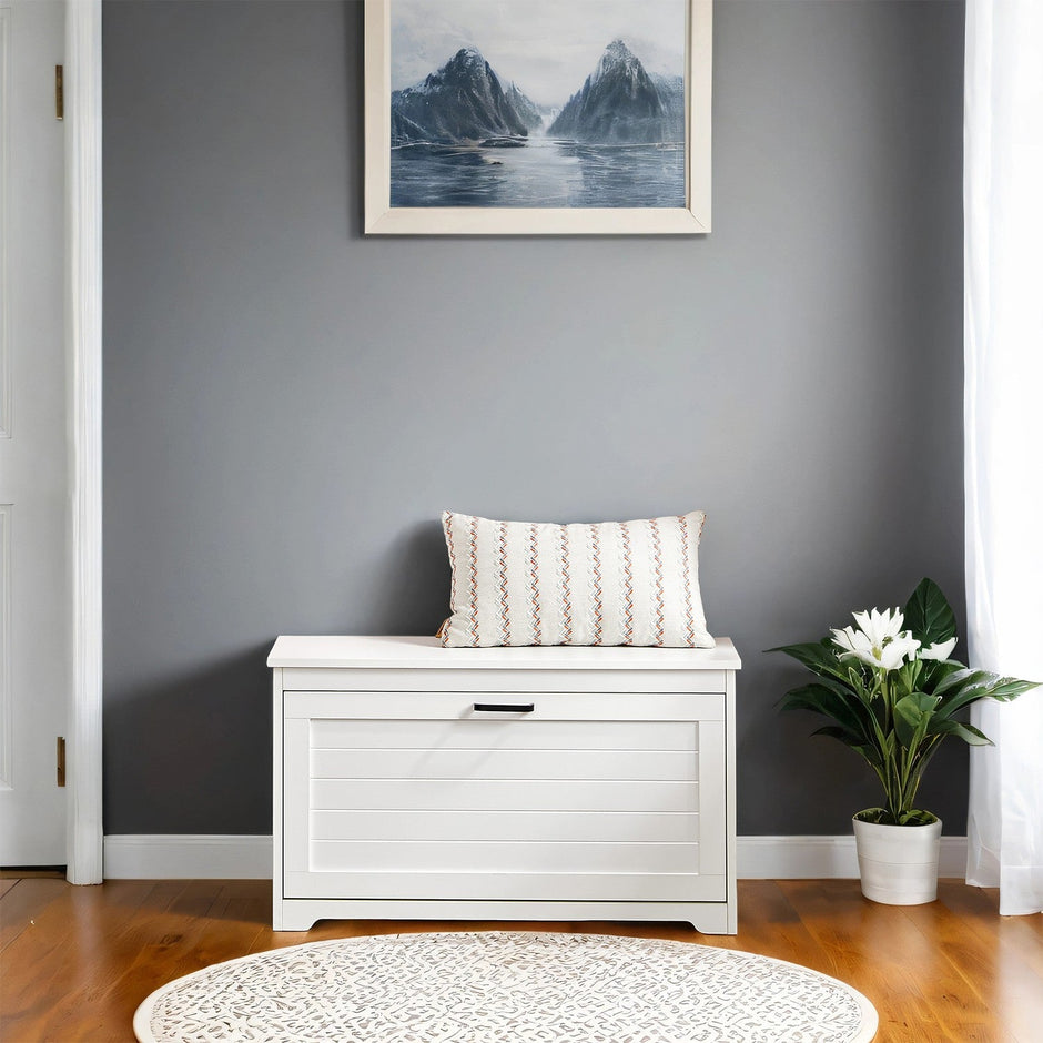 Shoe Bench – Wood – White – Flip-Up Door with Adjustable Interior Shelf and Side Handles