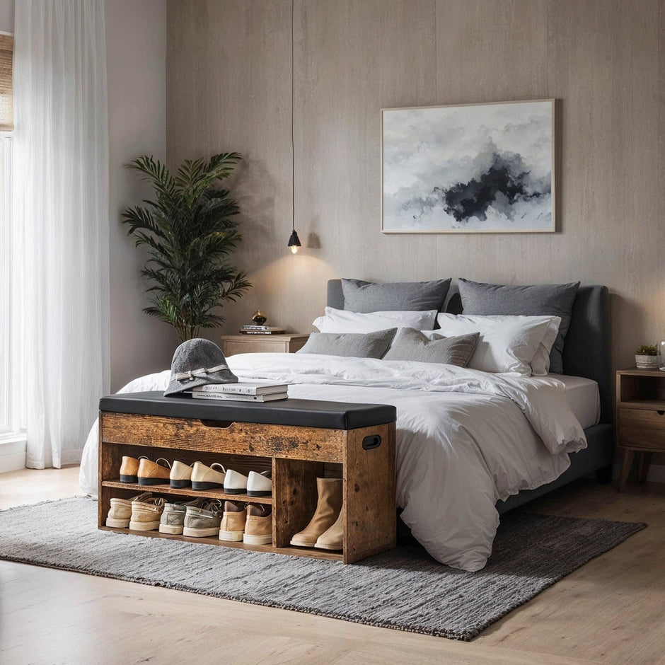 Entryway Storage Bench – Wood – Brown – Hidden Compartments with Padded Seat and Shoe Organiser