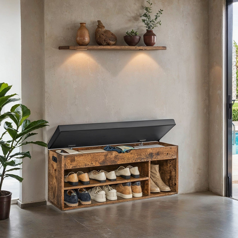 Entryway Storage Bench – Wood – Brown – Hidden Compartments with Padded Seat and Shoe Organiser