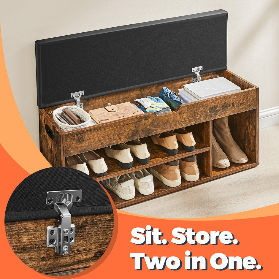 Entryway Storage Bench – Wood – Brown – Hidden Compartments with Padded Seat and Shoe Organiser
