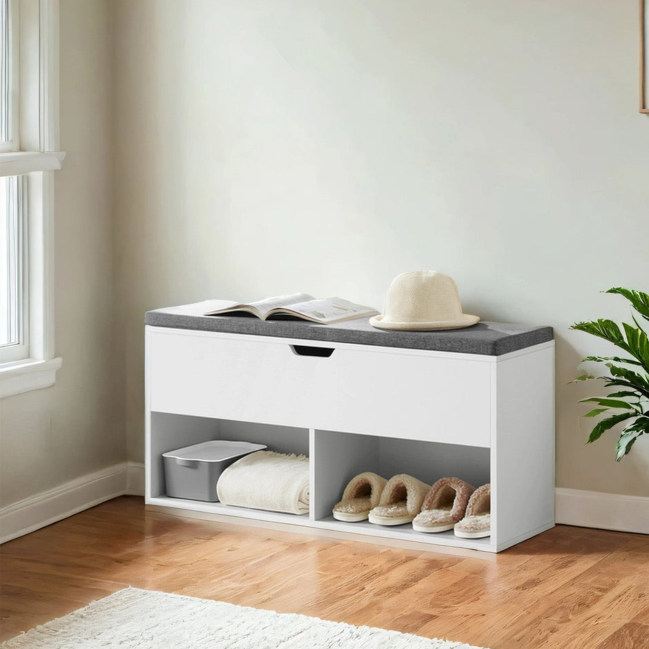 Shoe Bench – Wood – White – Padded Seat with Open and Closed Storage Compartments