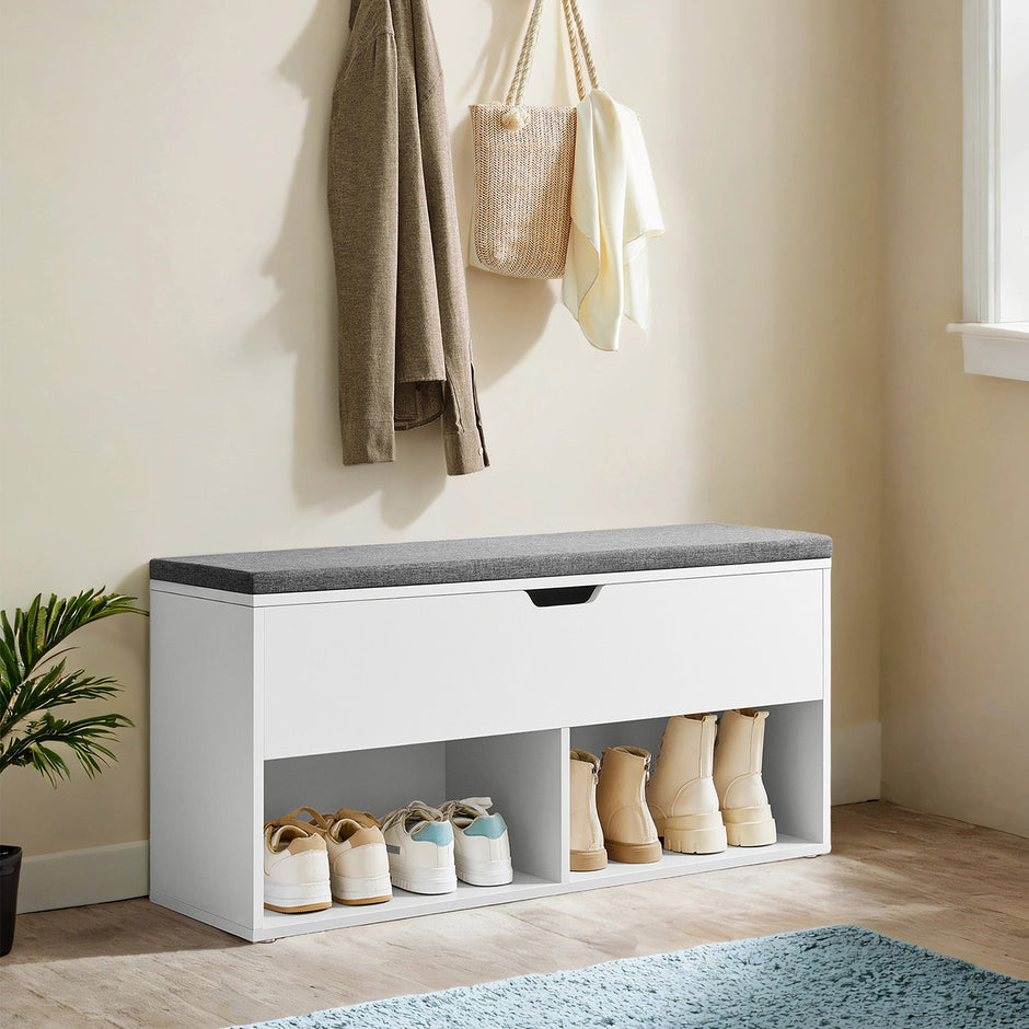 Shoe Bench – Wood – White – Padded Seat with Open and Closed Storage Compartments