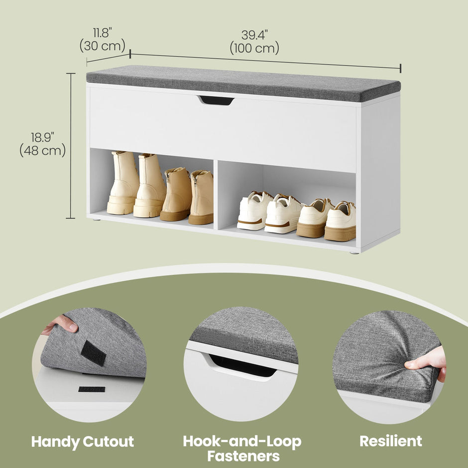 Shoe Bench – Wood – White – Padded Seat with Open and Closed Storage Compartments