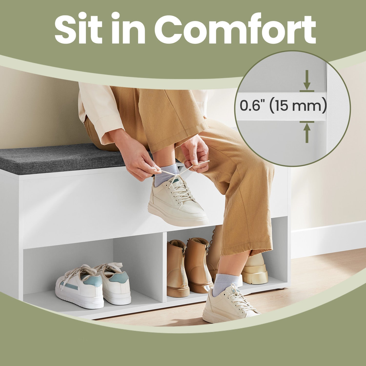 Shoe Bench – Wood – White – Padded Seat with Open and Closed Storage Compartments