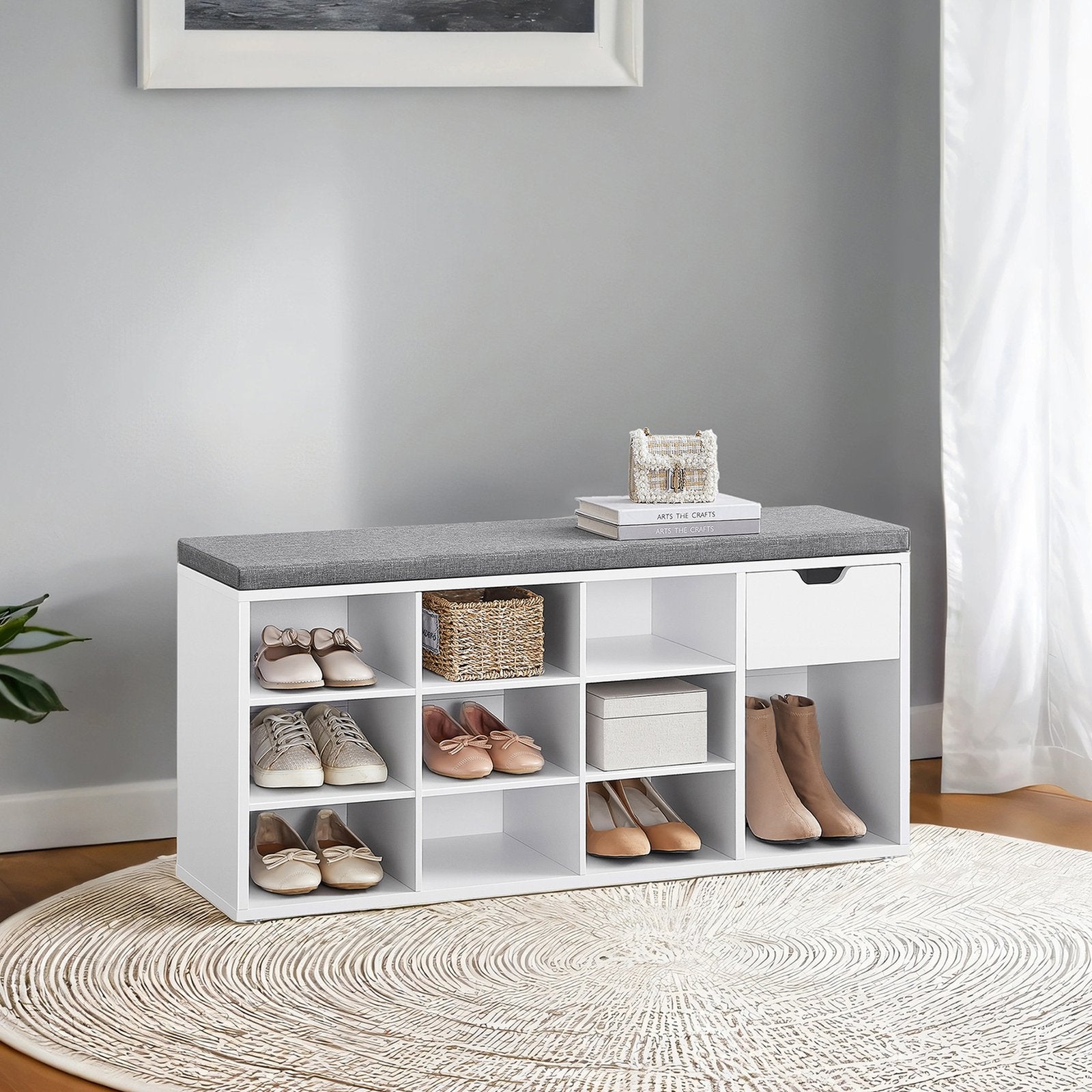 Storage Bench – Engineered Wood – White and Gray – Cushion Seat with Drawer and Open Compartments