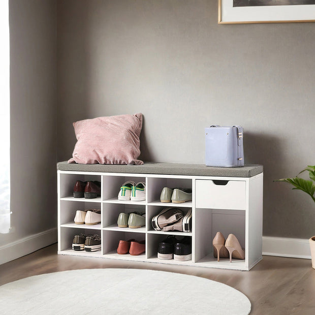 Storage Bench – Engineered Wood – White and Gray – Cushion Seat with Drawer and Open Compartments