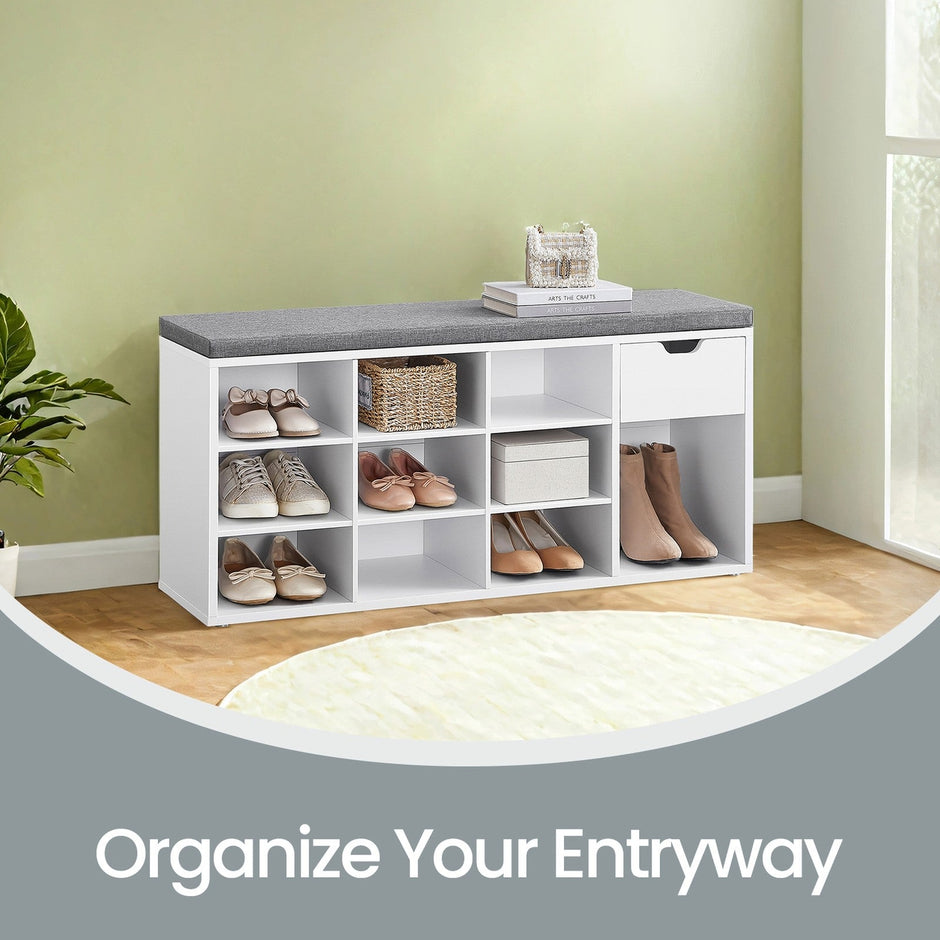 Storage Bench – Engineered Wood – White and Gray – Cushion Seat with Drawer and Open Compartments