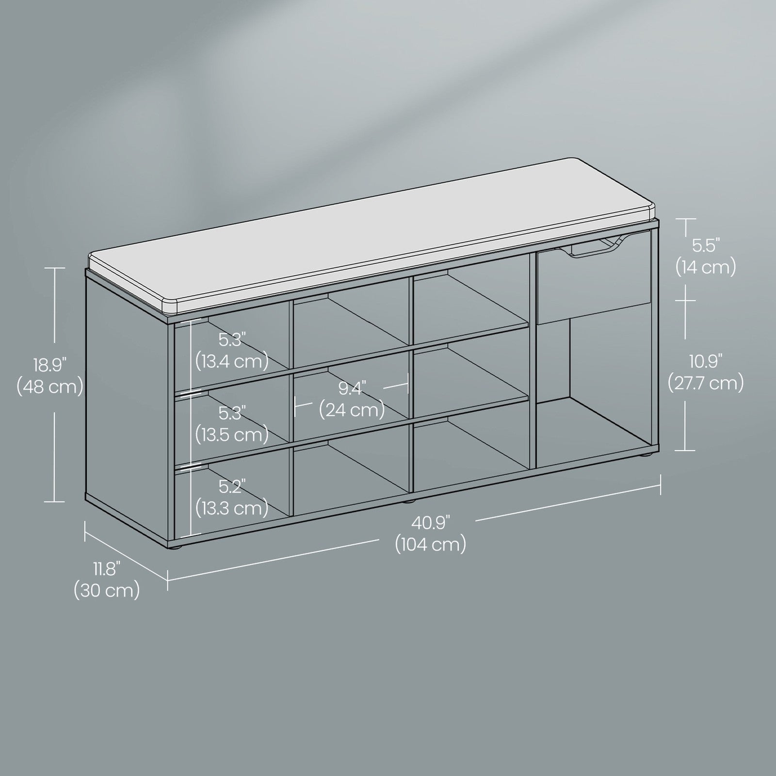Storage Bench – Engineered Wood – White and Gray – Cushion Seat with Drawer and Open Compartments