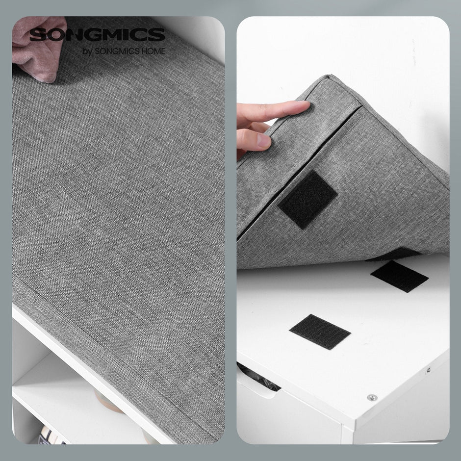 Storage Bench – Engineered Wood – White and Gray – Cushion Seat with Drawer and Open Compartments
