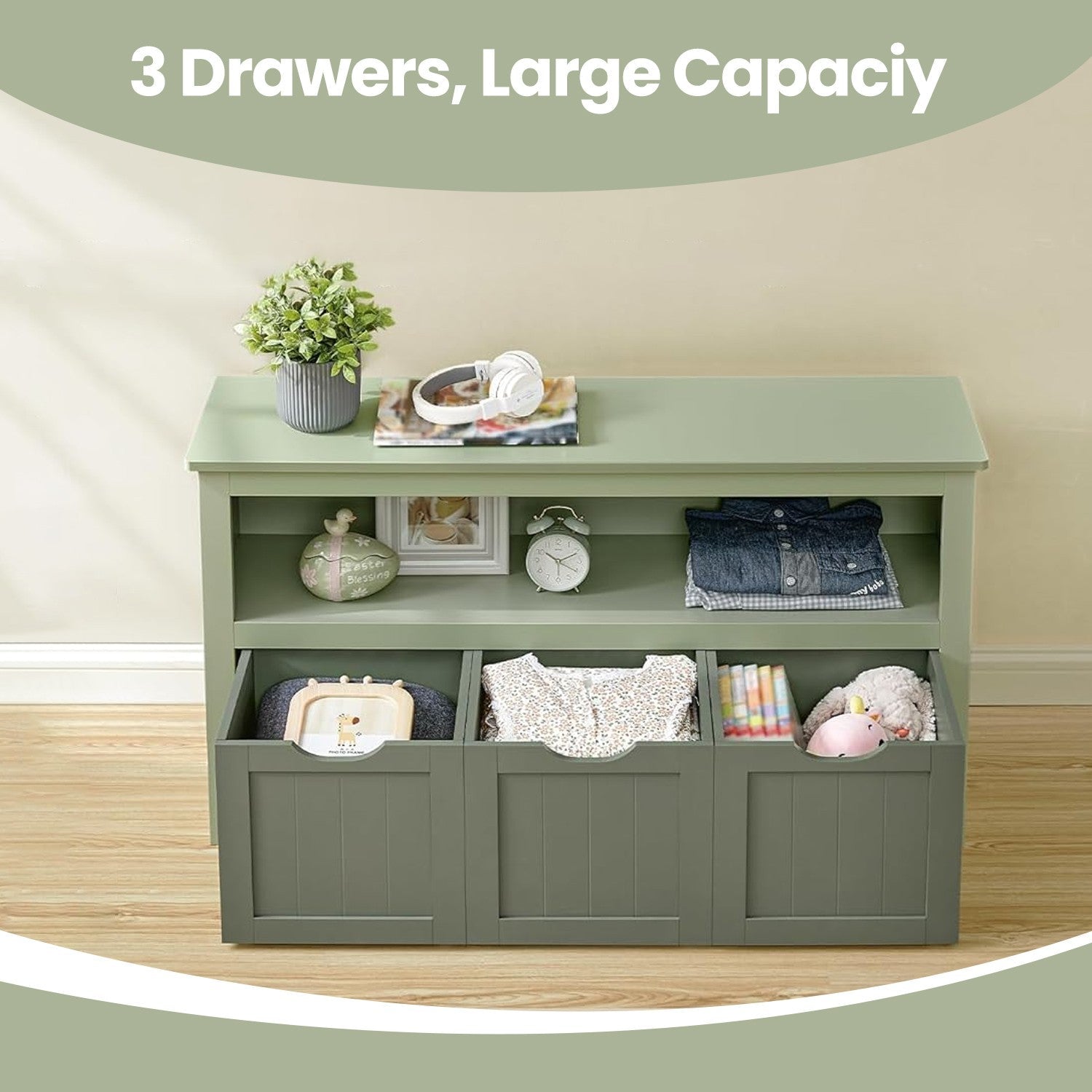 Toy Storage Organizer – Wood – Laurel Green – Mobile with 3 Drawers