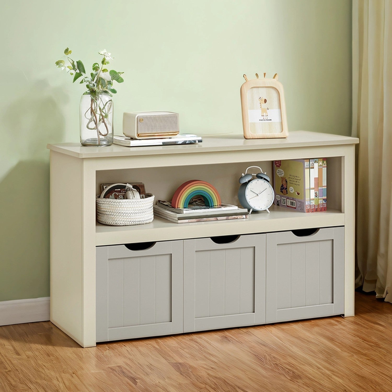 Toy Storage Cabinet – Engineered Wood – Laurel Green – Mobile with 3 Drawers