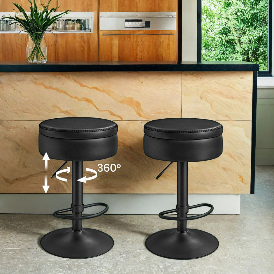 360° Swivel Bar Stool – Synthetic Leather – Ink Black – Height Adjustable with Storage