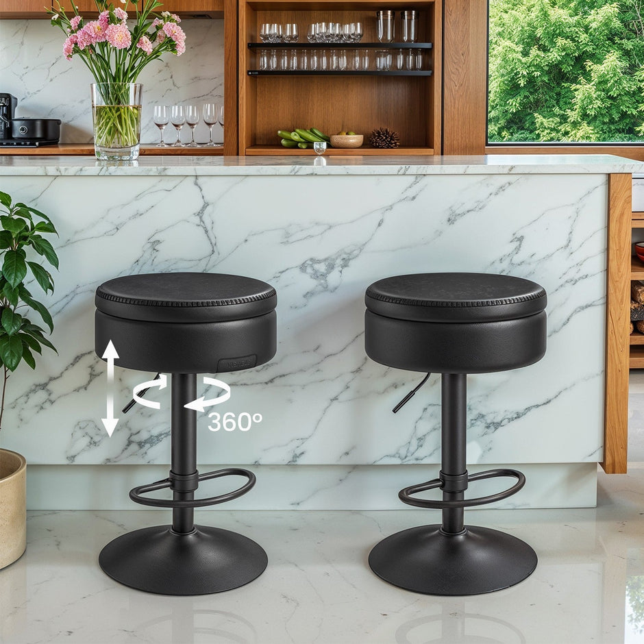 360° Swivel Bar Stool – Synthetic Leather – Ink Black – Height Adjustable with Storage