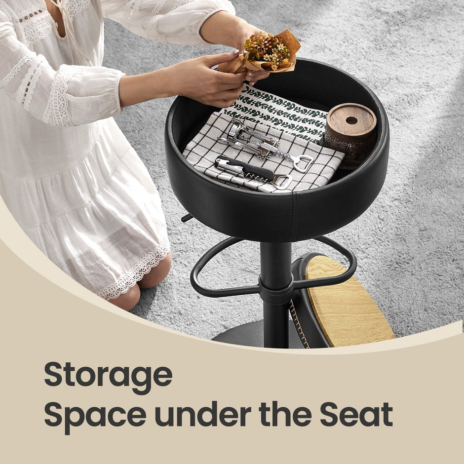 360° Swivel Bar Stool – Synthetic Leather – Ink Black – Height Adjustable with Storage
