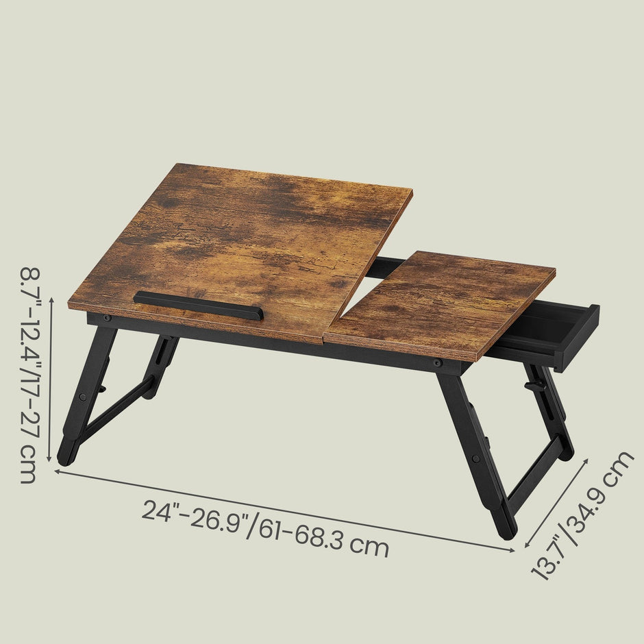 Bed Tray – Wood – Rustic Brown – Adjustable Tilting Top with Height Adjustable Folding Legs