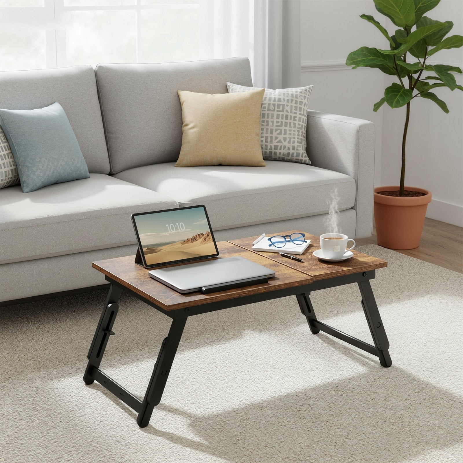 Bed Tray – Wood – Rustic Brown – Adjustable Tilting Top with Height Adjustable Folding Legs
