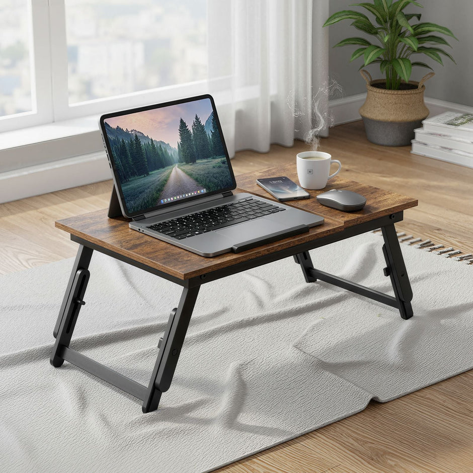 Bed Tray – Wood – Rustic Brown – Adjustable Tilting Top with Height Adjustable Folding Legs