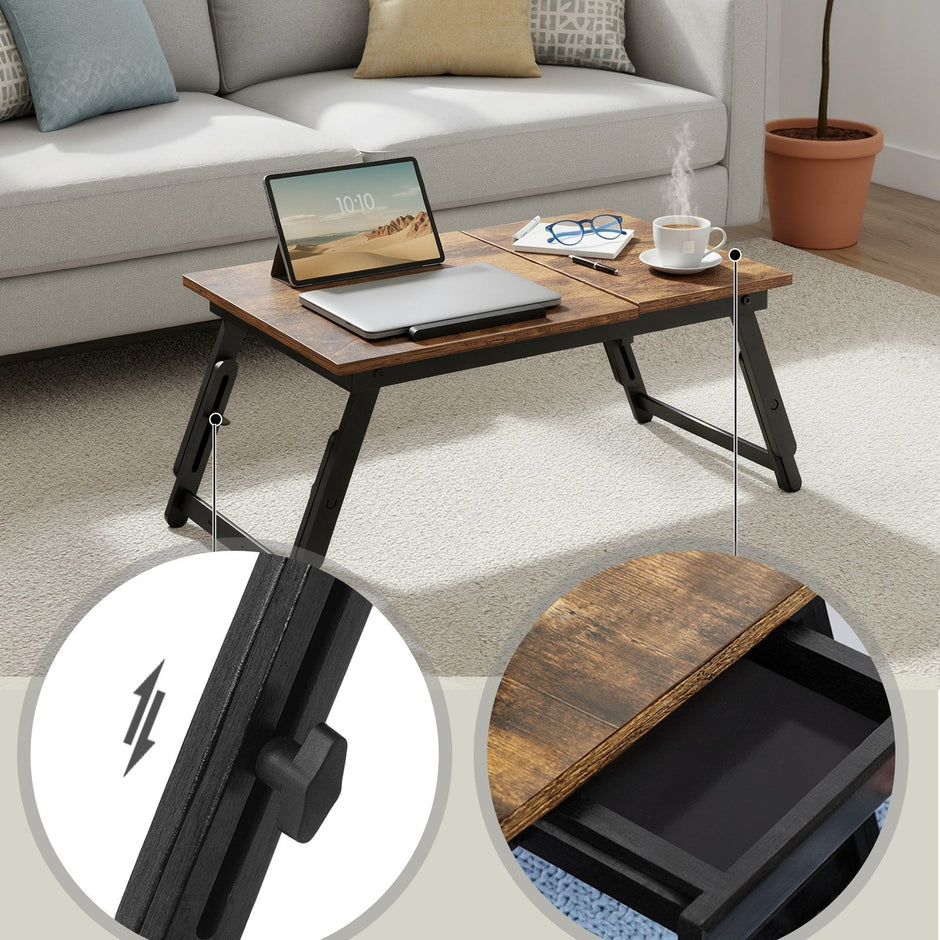 Bed Tray – Wood – Rustic Brown – Adjustable Tilting Top with Height Adjustable Folding Legs