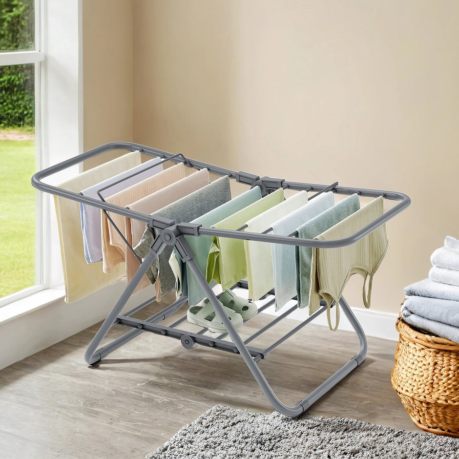 Clothes Drying Rack – Metal – Silver – Foldable 2-Level Space-Saving Design
