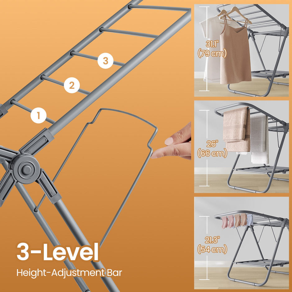 Clothes Drying Rack – Metal – Silver – Foldable 2-Level Space-Saving Design