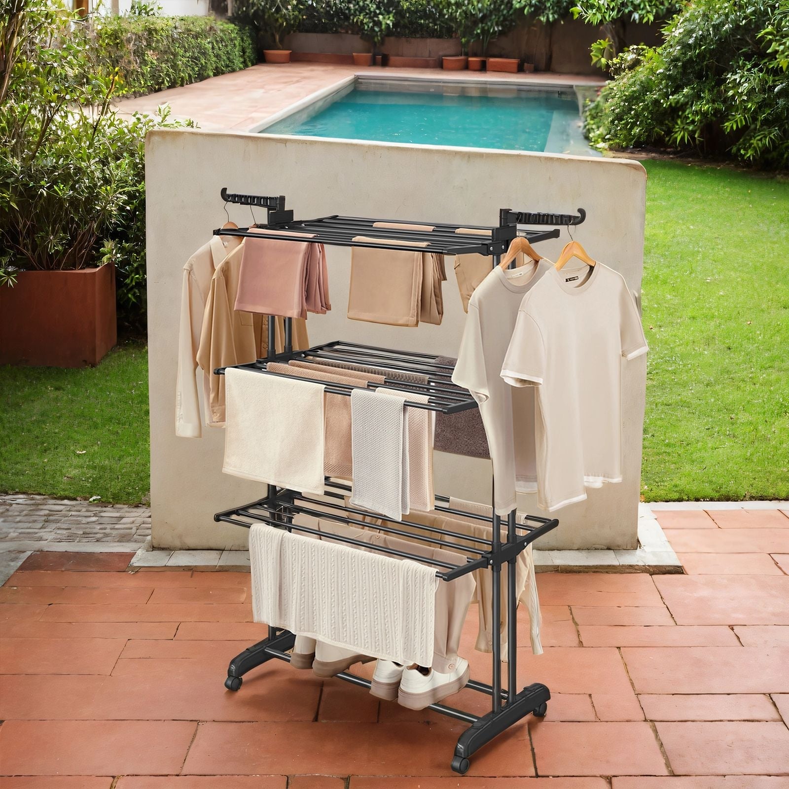 4-Tier Folding Laundry Drying Rack – Stainless Steel – Black – Indoor and Outdoor Use
