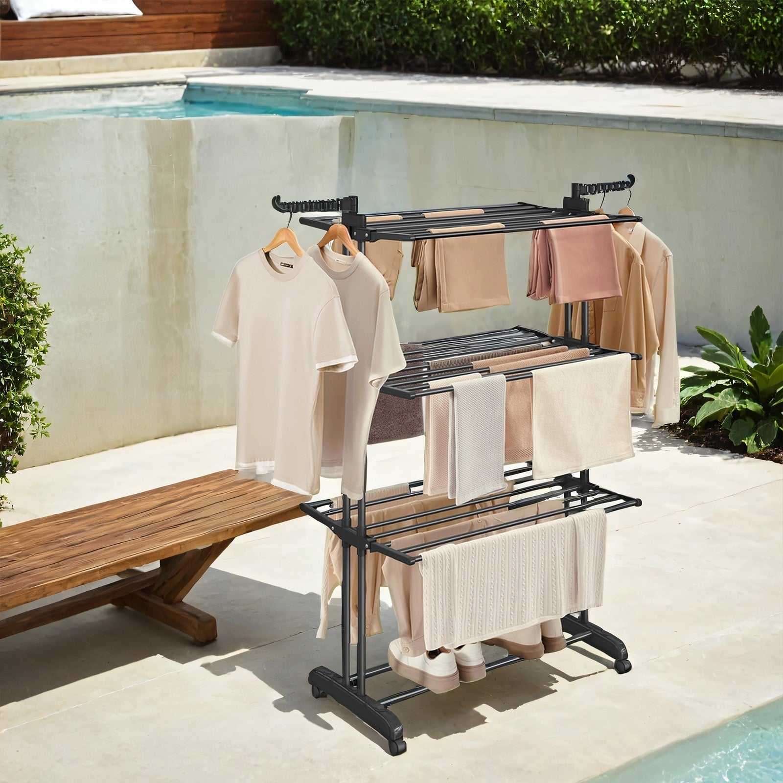 4-Tier Folding Laundry Drying Rack – Stainless Steel – Black – Indoor and Outdoor Use