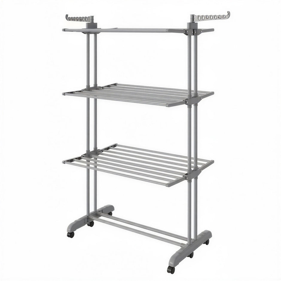 Clothes Drying Rack – Stainless Steel – Gray – Foldable with Wheels and Side Wings
