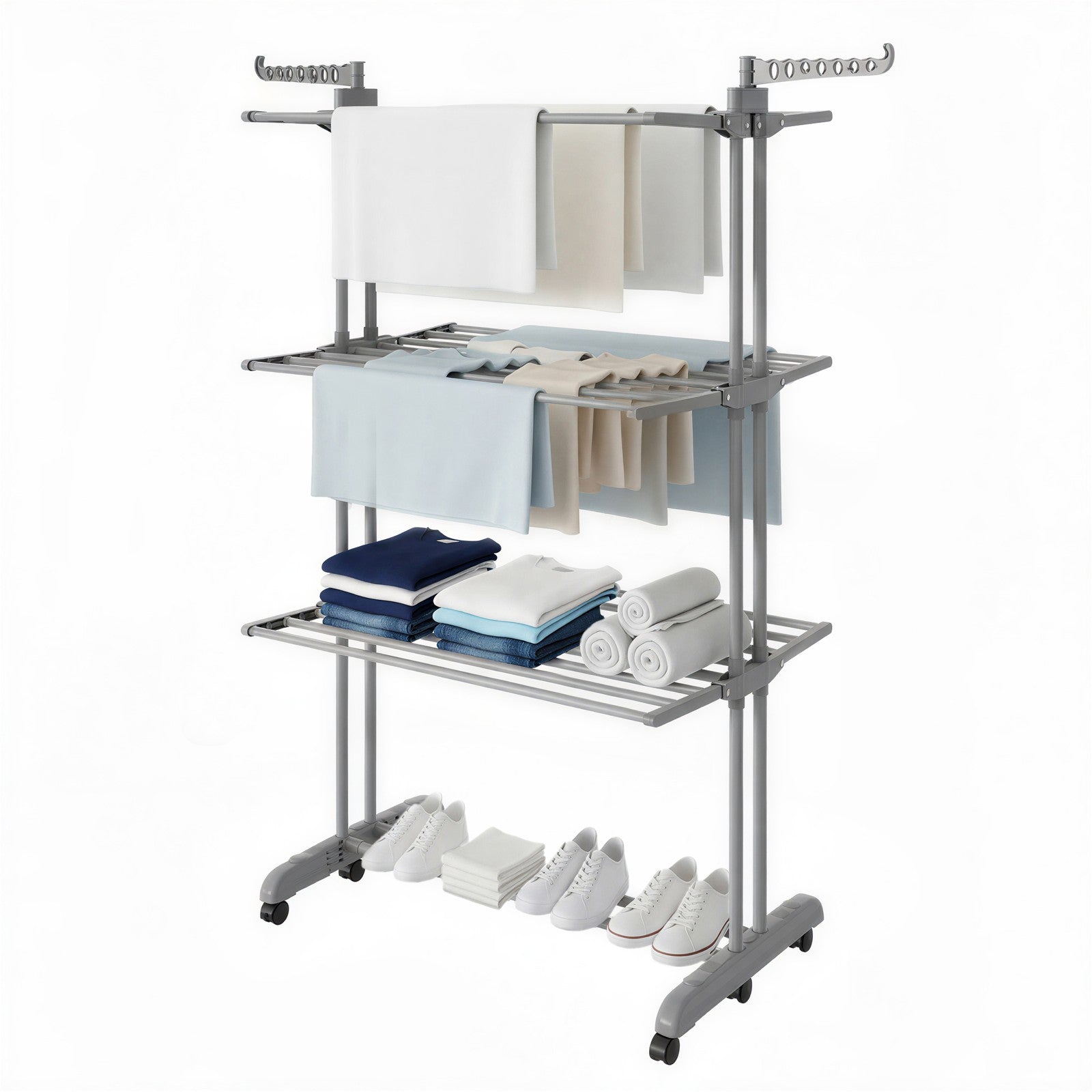 Clothes Drying Rack – Stainless Steel – Gray – Foldable with Wheels and Side Wings