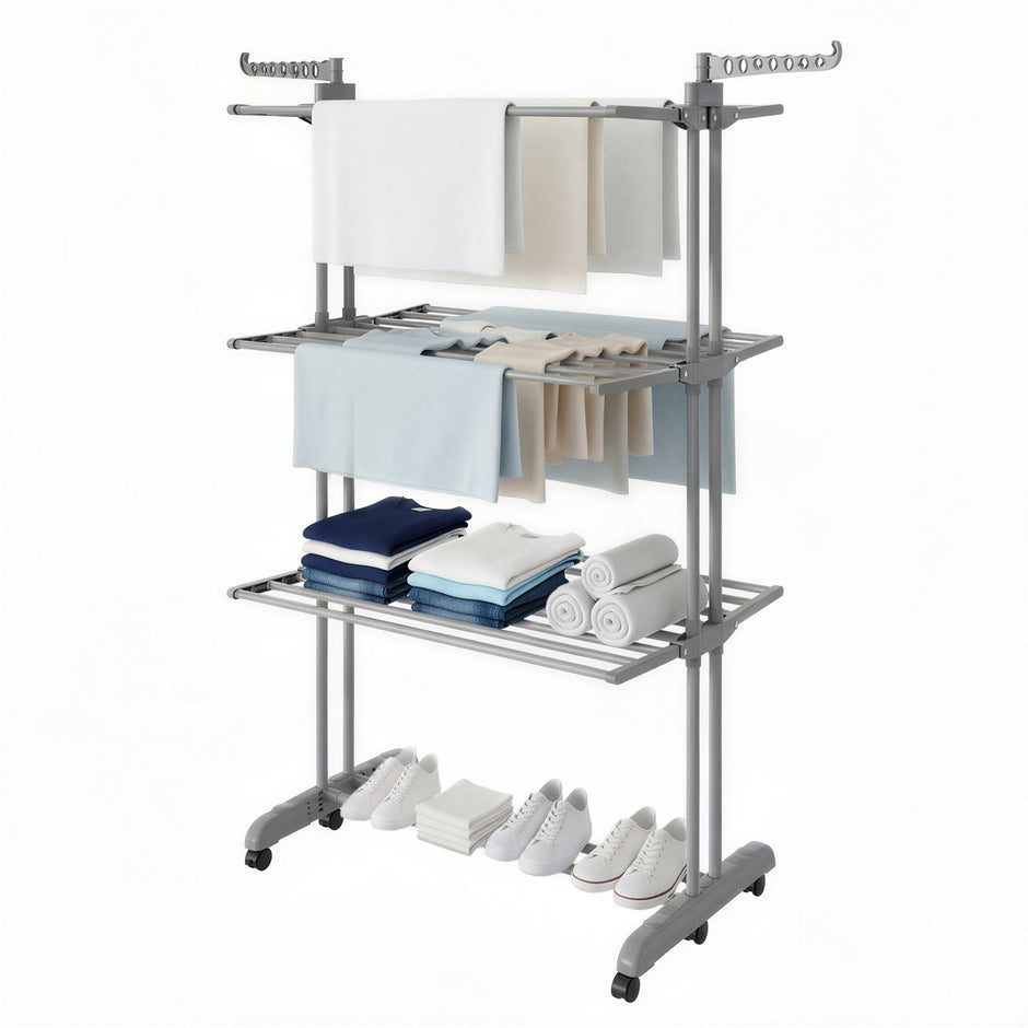 Clothes Drying Rack – Stainless Steel – Gray – Foldable with Wheels and Side Wings