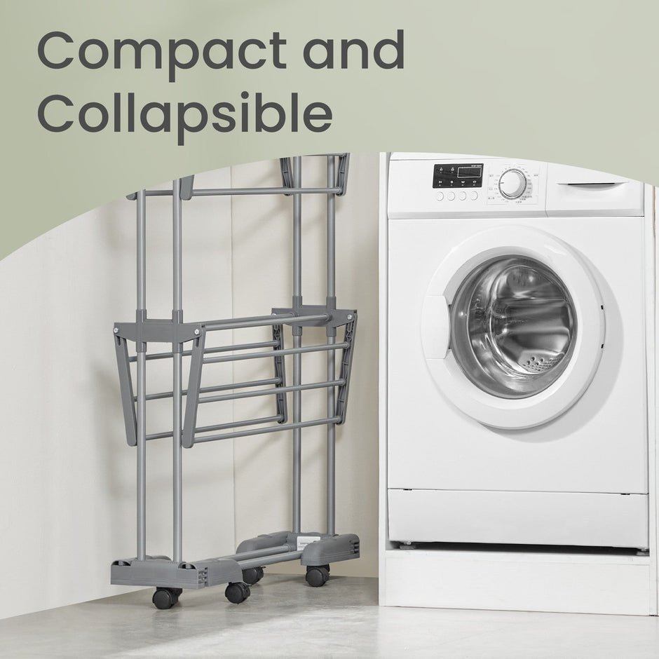 Clothes Drying Rack – Stainless Steel – Gray – Foldable with Wheels and Side Wings