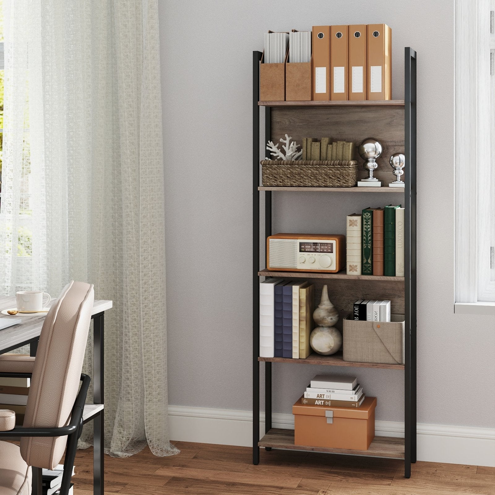 5-Tier Bookshelf – Steel – Rustic Brown and Black – Stable Structure for Living Room and Office