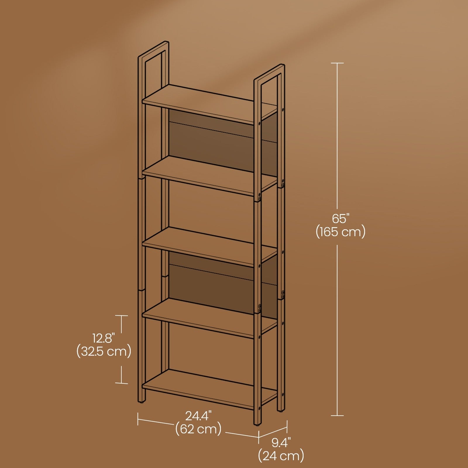 5-Tier Bookshelf – Steel – Rustic Brown and Black – Stable Structure for Living Room and Office