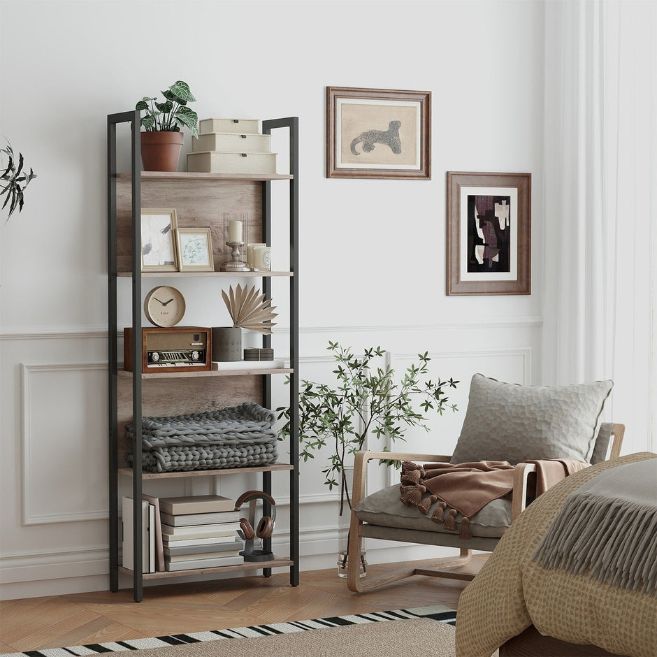 5-Tier Bookshelf – Steel – Rustic Brown and Black – Stable Structure for Living Room and Office