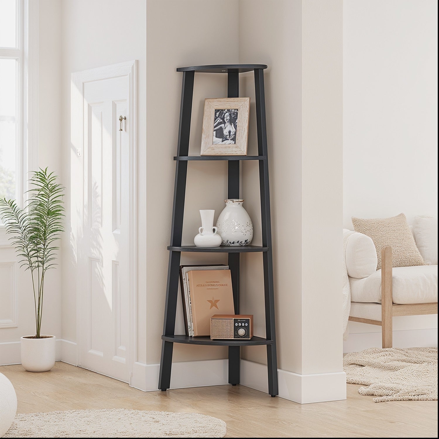 4-Tier Corner Bookshelf – Steel Frame – Natural Oak and Matte White/Rustic Brown and Black/Greige and Black/Charcoal Gray and Matte Black – Stylish Storage Solution